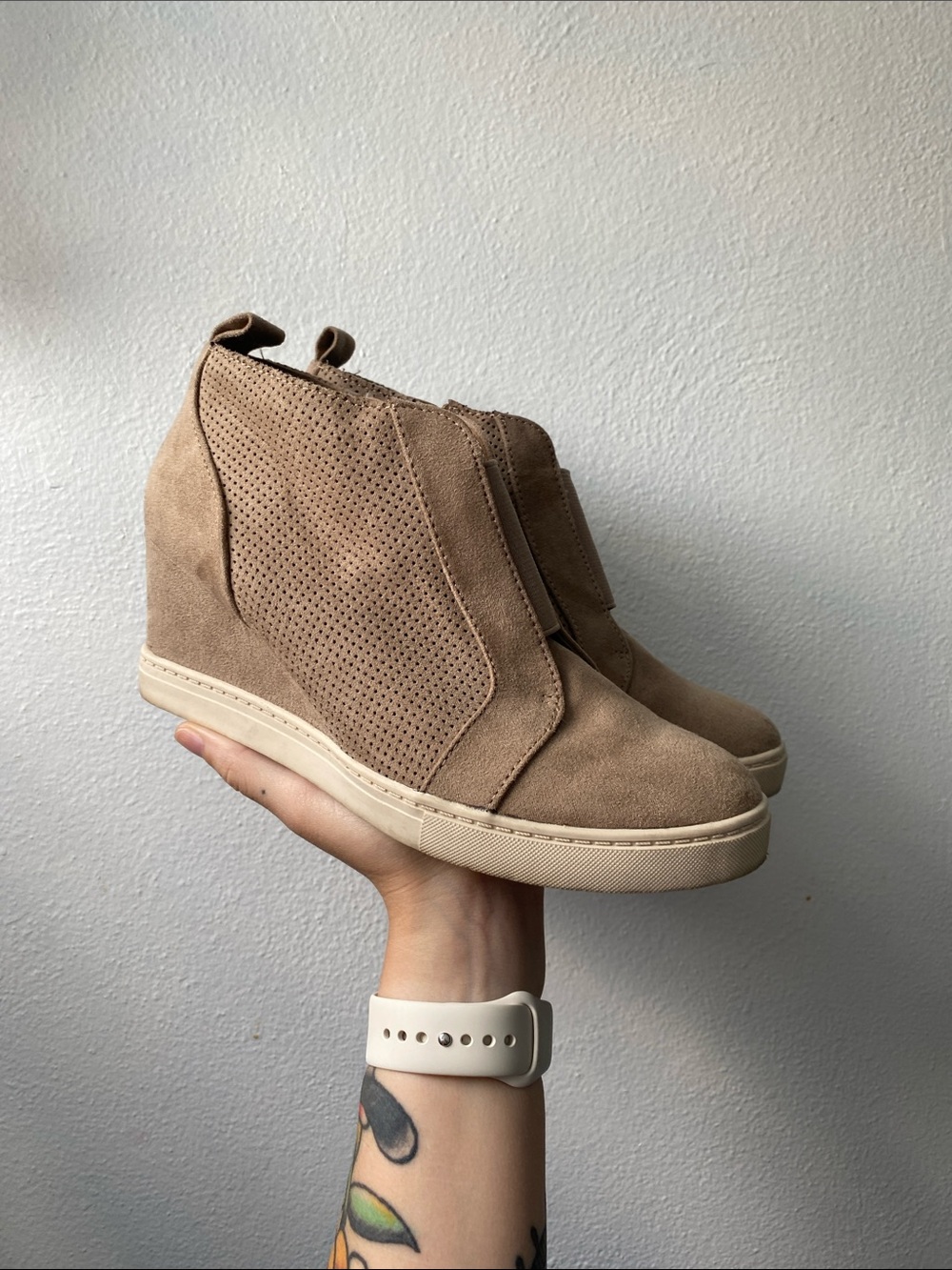 a new day Suede Perforated Wedge Sneaker Booties in Tan